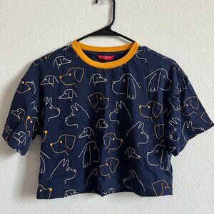 Penshoppe Navy Yellow Doodle Dog Graphic Pattern Crop Top Shirt GOOD